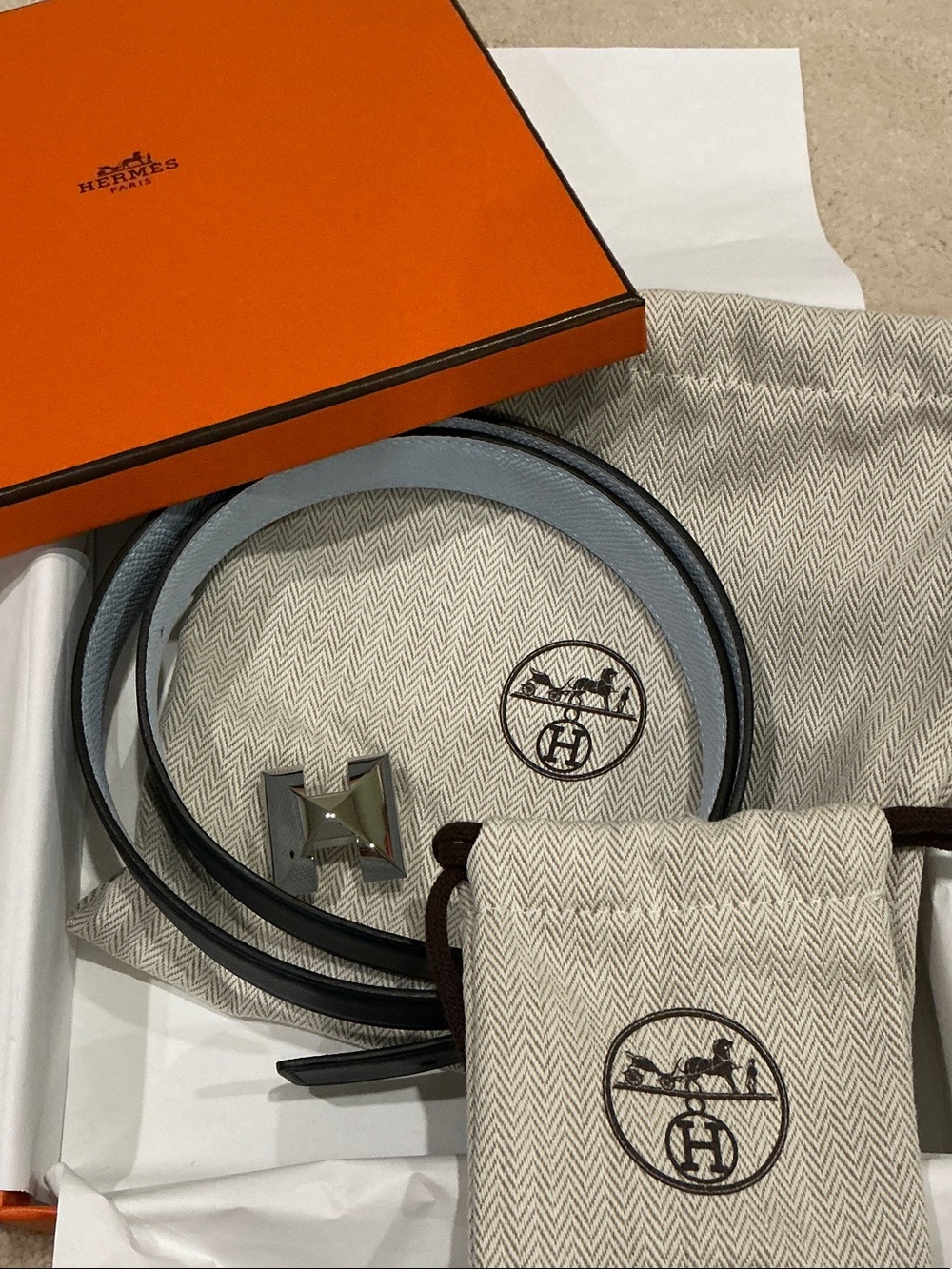 Hermes Dark blue Blue Brume reversible belt with “H” buckle 75cm, box, dust bags